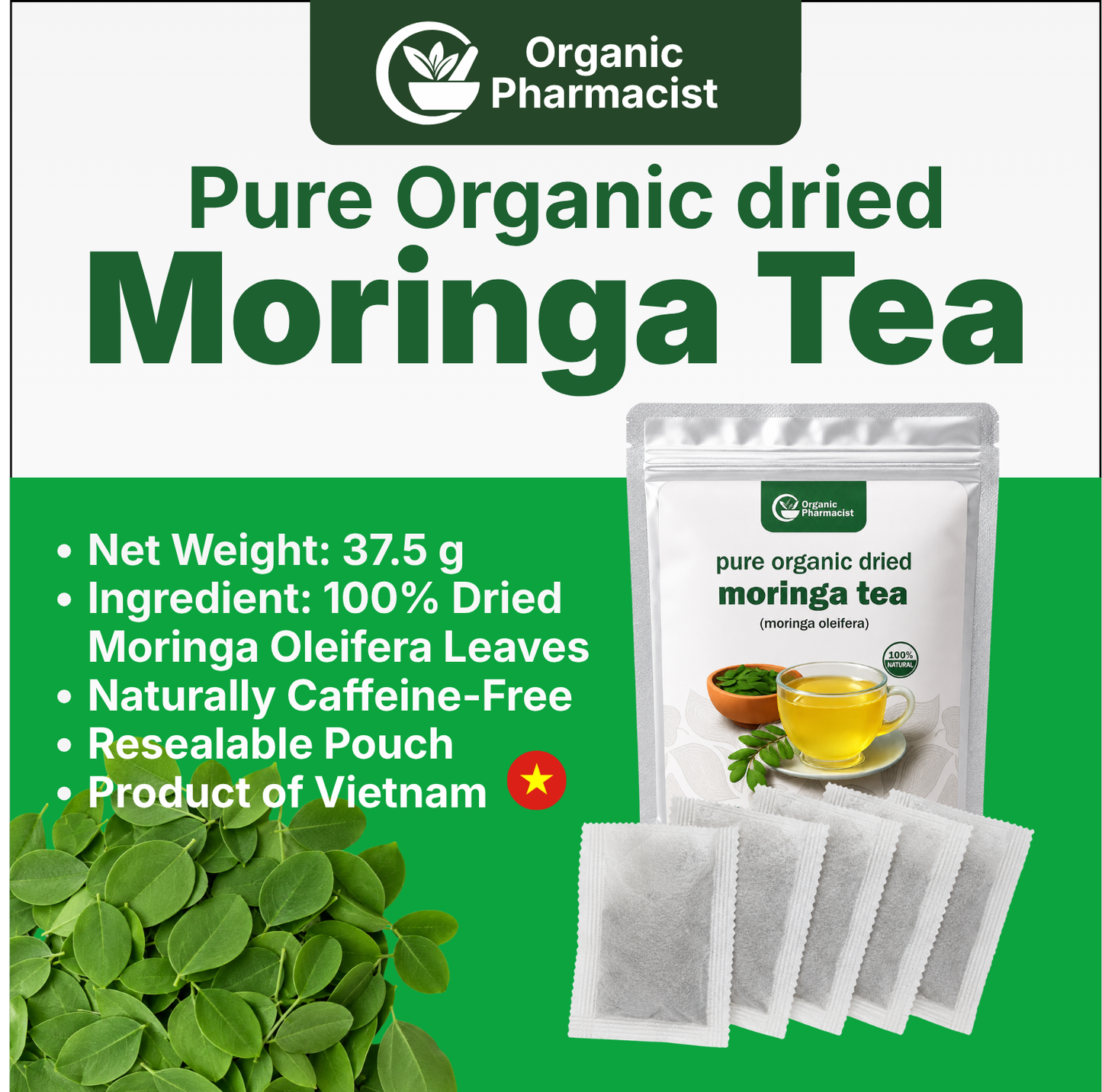 Organic Pharmacist Pure Organic Moringa Tea Bags | 25 Tea Bags | 100% Pure Moringa Oleifera Leaves | Naturally Caffeine-Free Herbal Tea