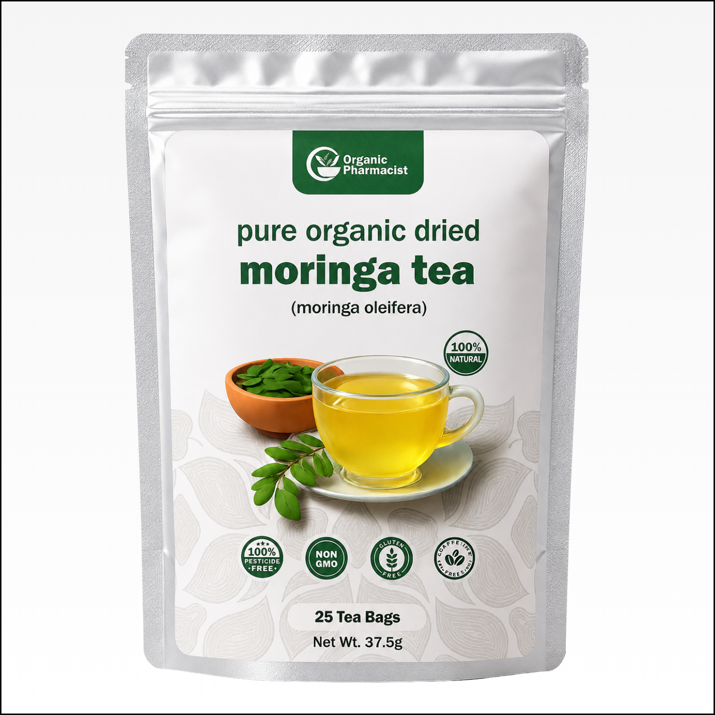 Organic Pharmacist Pure Organic Moringa Tea Bags | 25 Tea Bags | 100% Pure Moringa Oleifera Leaves | Naturally Caffeine-Free Herbal Tea
