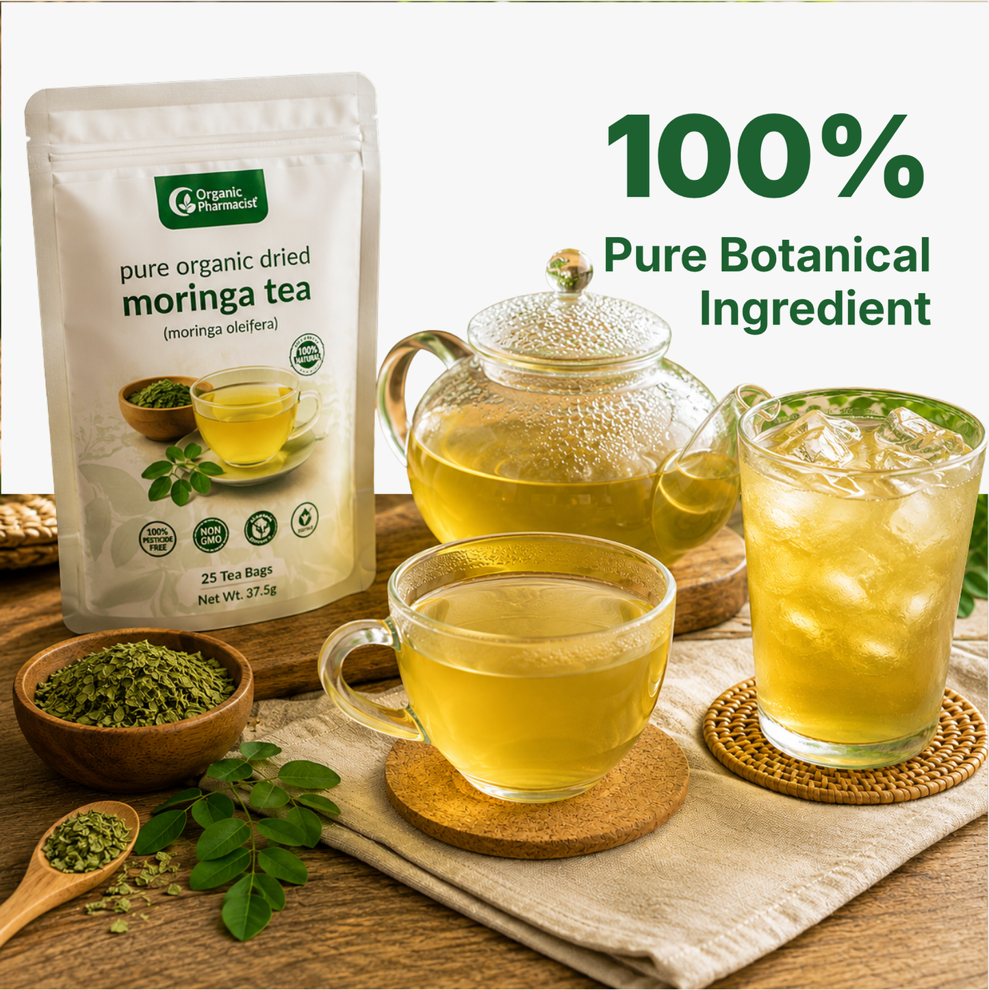 Organic Pharmacist Pure Organic Moringa Tea Bags | 25 Tea Bags | 100% Pure Moringa Oleifera Leaves | Naturally Caffeine-Free Herbal Tea