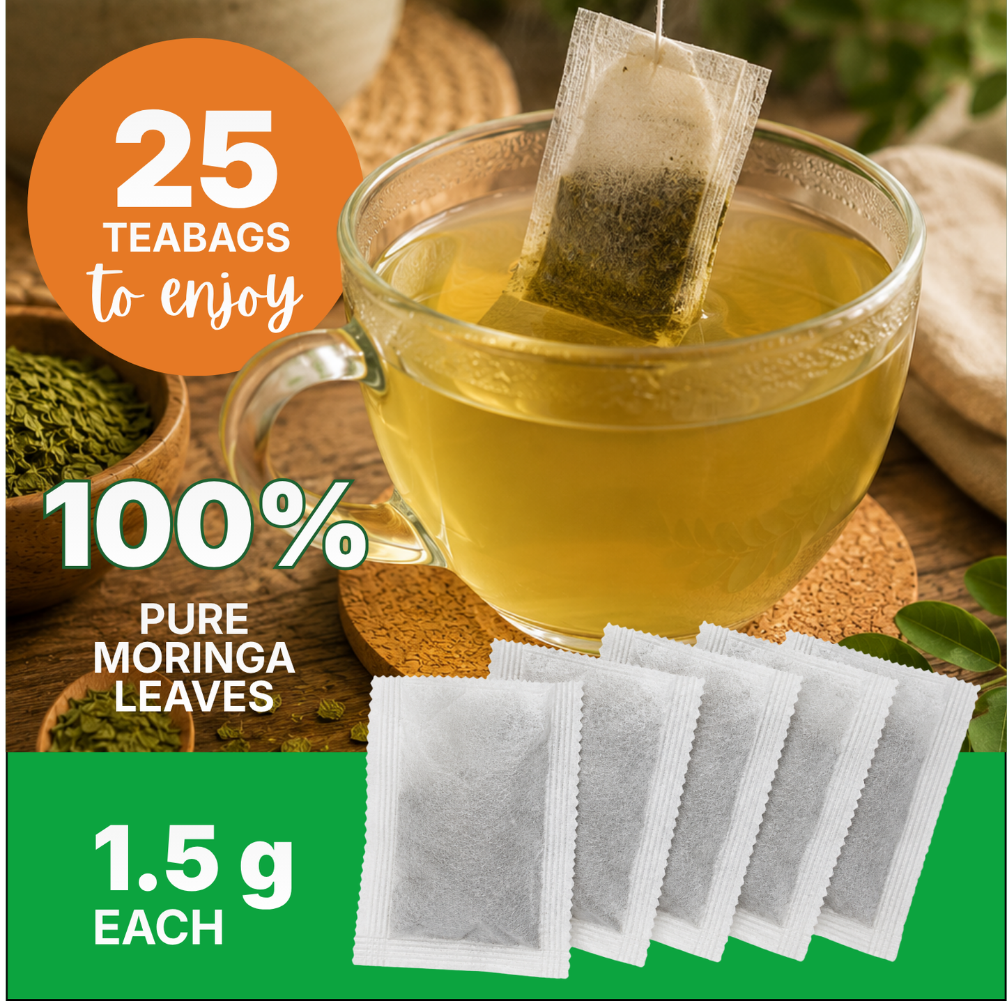 Organic Pharmacist Pure Organic Moringa Tea Bags | 25 Tea Bags | 100% Pure Moringa Oleifera Leaves | Naturally Caffeine-Free Herbal Tea